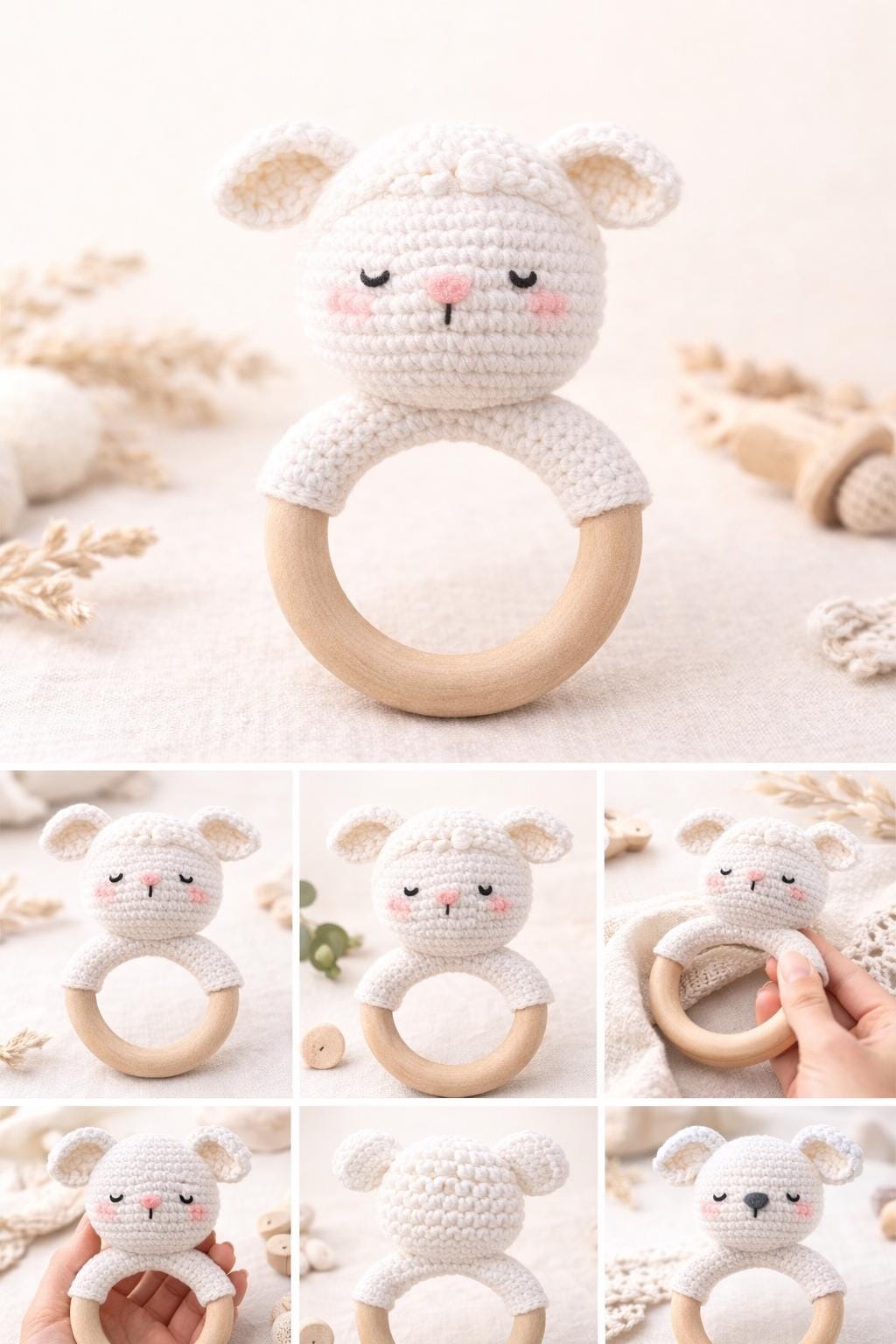 Handgemachter Häkel Beißring aus Natur Holzring – Hase,Bär, Koala & Schaf / Natur Holzring / Baby Geschenk / Baby