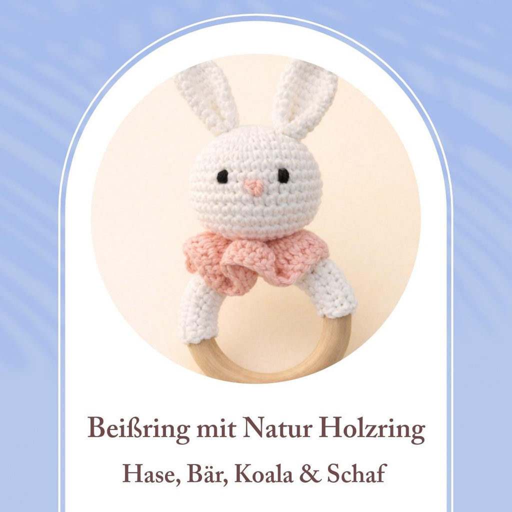 Handgemachter Häkel Beißring aus Natur Holzring – Hase,Bär, Koala & Schaf / Natur Holzring / Baby Geschenk / Baby