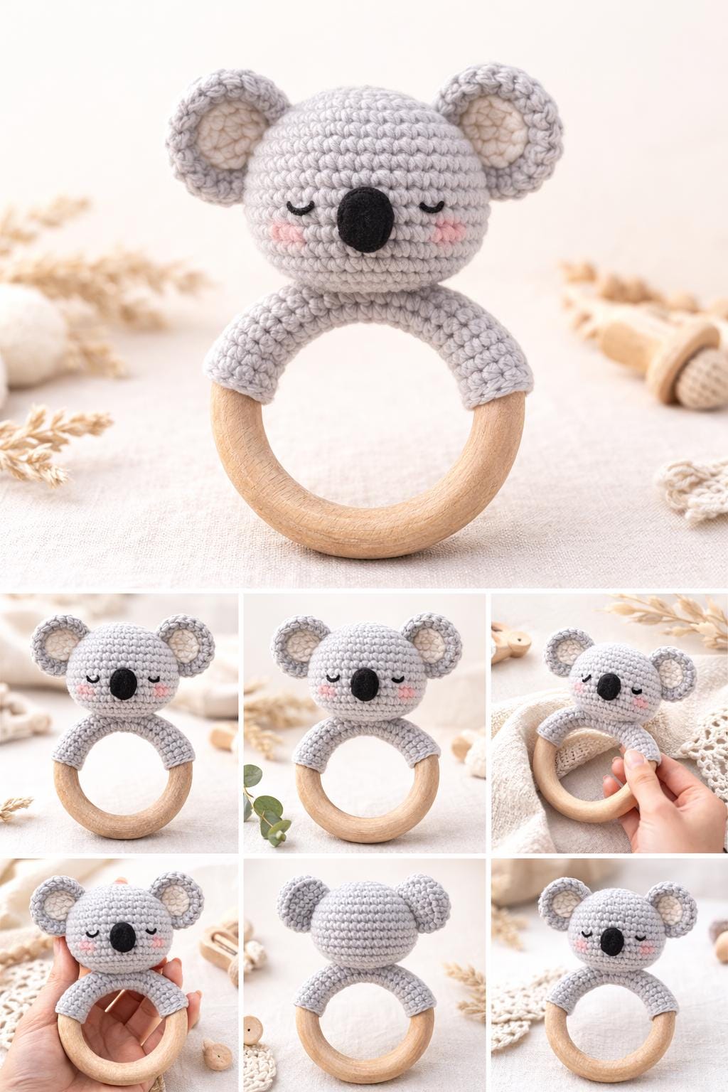 Handgemachter Häkel Beißring aus Natur Holzring – Hase,Bär, Koala & Schaf / Natur Holzring / Baby Geschenk / Baby